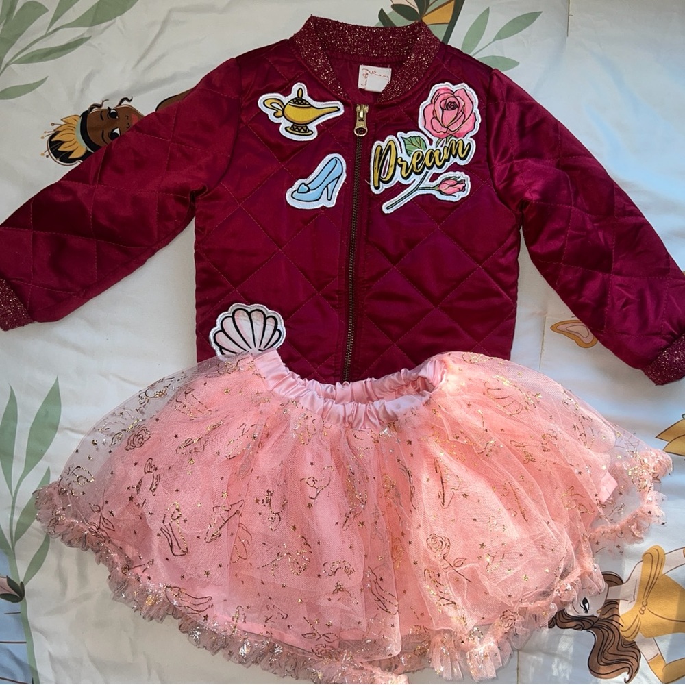 Disney Princess Quilted Bomber Jacket with “Dream” Patches & Icons Tulle Tutu